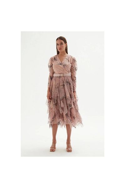 rapellin Double Breasted Collar Printed Tulle Evening Dress 1773-powder