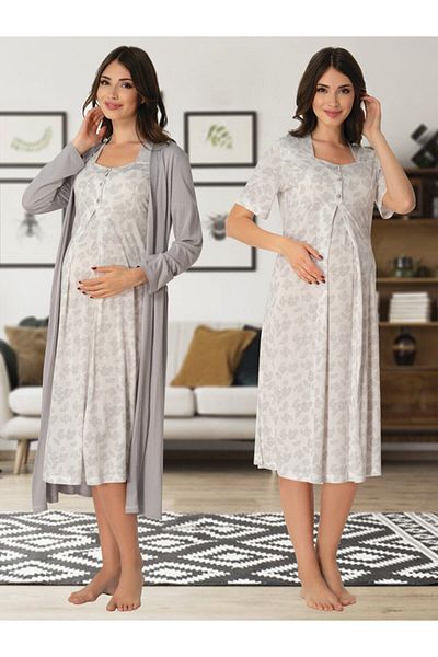 Pijamadam Women's Gray Maternity Nightgown with Dressing Gown