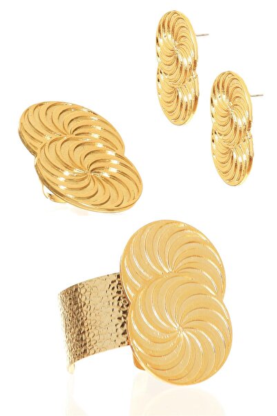 LABALABA Women's Lacquer Gold Color Plated Spiral Printed Design Earring & Ring & Bracelet Set
