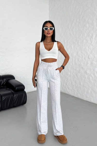 veres Women's Gray Wide Belt High Waist Striped 2 Thread Wide Leg Sweatpants