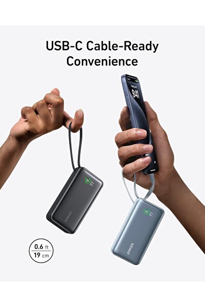 Anker بنك طاقة نانو مع كابل USB-C مدمج، 10000 مللي أمبير، 30 وات، أزرق