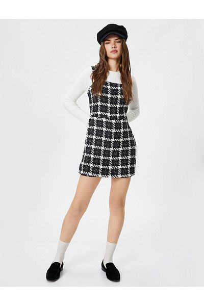 Koton Tweed Shorts Jumpsuit Front Double Breasted Thick Straps
