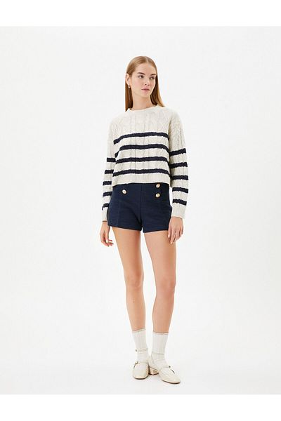Koton Crop Knitwear Sweater Crew Neck Long Sleeve with Hair Braid Motif