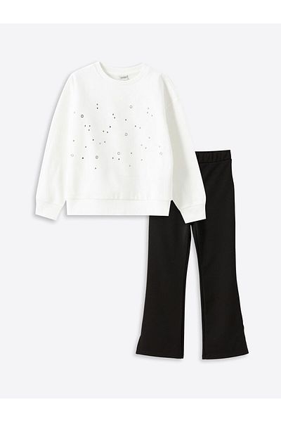 LC Waikiki Lcw Kids Ecru Crew Neck Girl's Sweatshirt and Leggings