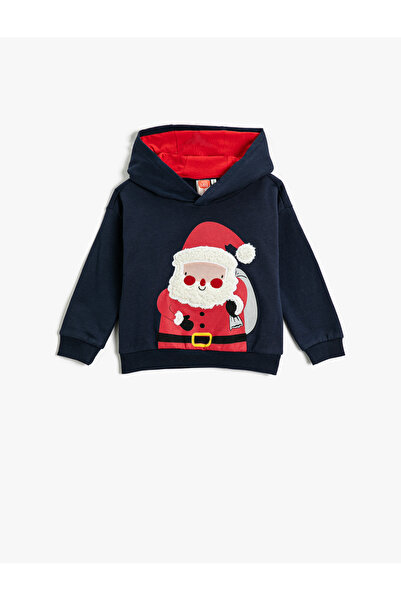 Koton Kapşonlu Sweatshirt Yılbaşı Temalı Noel Baba Baskılı Peluş Aplike Detaylı Şardonlu