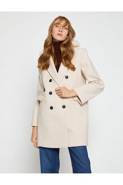 Koton Double Breasted Coat with Plush Detail