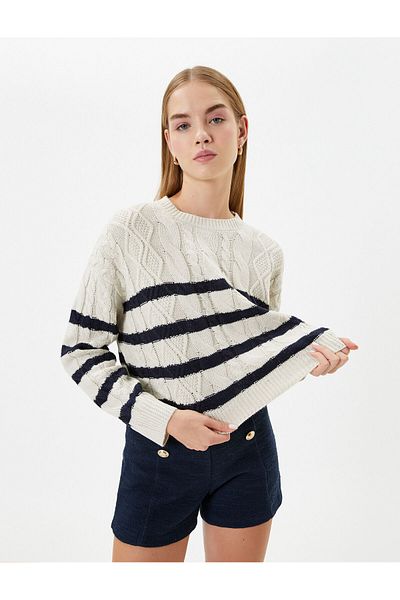 Koton Crop Knitwear Sweater Crew Neck Long Sleeve with Hair Braid Motif