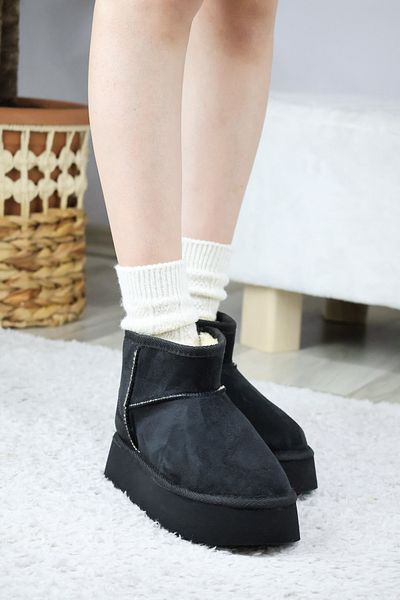 asmi shoes Women's Pavro Black Suede Sheepskin Thick Sole (4.5 cm) Mini Short Boots