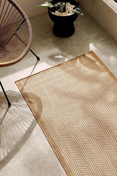 Ocean Home Textile Leke Tutmaz İç Dış Mekan Bej Renk Balıksırtı Halı Kilim