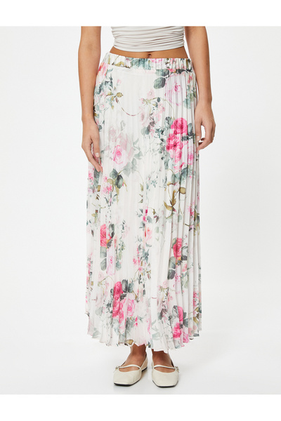 Koton High Waist Long Floral Pleated Skirt - Lined
