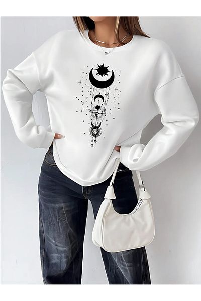BEETON White Printed Moon Sun Sweatshirt - Oversize Crew Neck