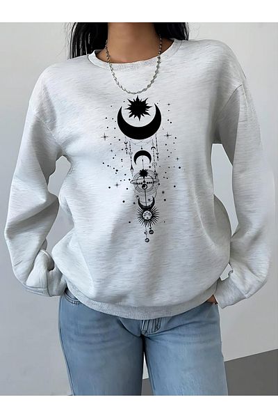 BEETON Γκρι Oversize Φούτερ Moon Sun - Crew Neck Printed