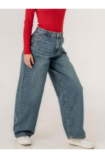 Zekids Kız Çocuk Bol Paça Eskitilmiş Denim Pantolon