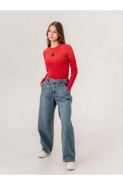 Zekids Kız Çocuk Bol Paça Eskitilmiş Denim Pantolon