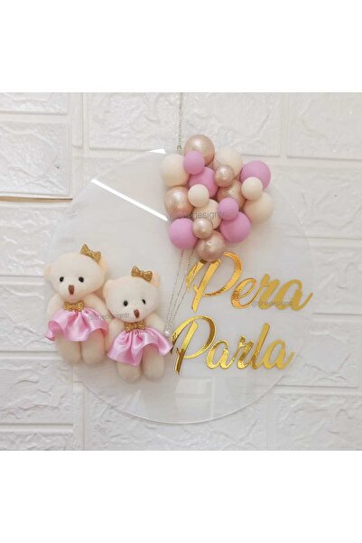 s'he design organizasyon İkiz Kız Bebek Isme Özel Şeffaf Pleksi Kapı Süsü – Kız & Kız Bebek Için Özel Tasarım Bebek Ayıcıklı