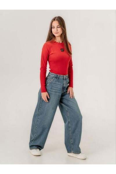 Zekids Kız Çocuk Bol Paça Eskitilmiş Denim Pantolon