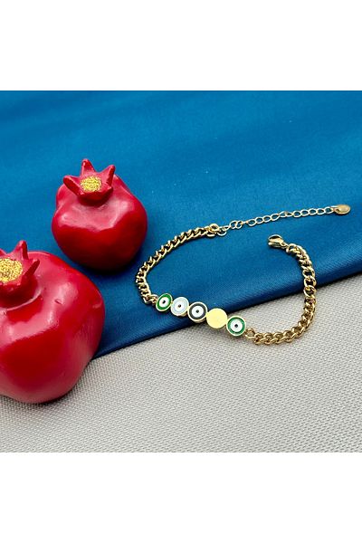 Opia Takı & Aksesuar Steel Evil Eye Beaded Imprint Gold Chain Bracelet