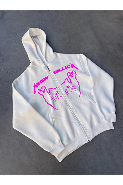 JANES Winter Printed Zippered Hooded Cardigan - White