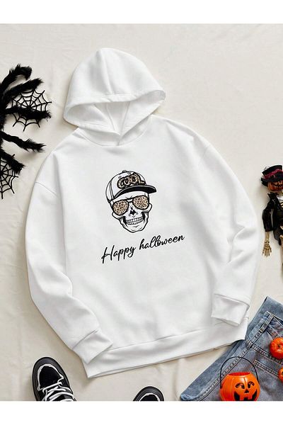 aynewmoda Φούτερ Happy Halloween White Hooded - Cool Skeleton Caucasian με στάμπα μπροστά