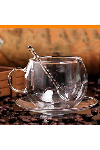 Choice كوب مع صحن وملعقة من جاستنلاو، سعة 150/300 مل، كوب زجاجي مزدوج الطبقات شفاف بمقبض، مقاوم للحرارة