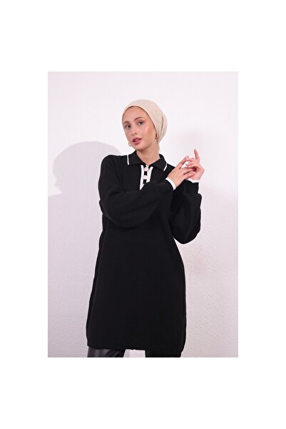 Bold Grup Women's Shirt Collar Ribbed Three Button Knitwear Tunic Sweater