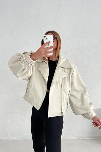Laleli Butik Cremefarbene Oversize-Lederjacke für Damen