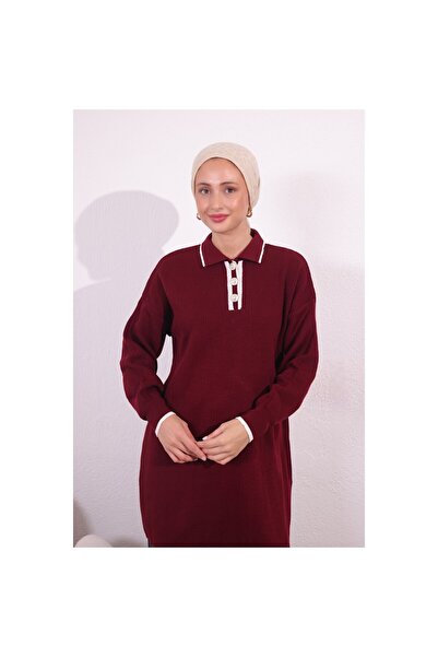 Bold Grup Women's Shirt Collar Ribbed Three Button Knitwear Tunic Sweater