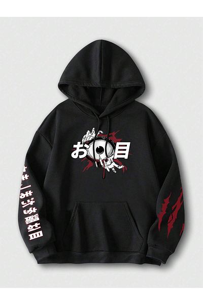 PENTHİLUS Anime Patterned Scary Black Hooded Sweatshirt - Front and Sleeve Printed Hoodie