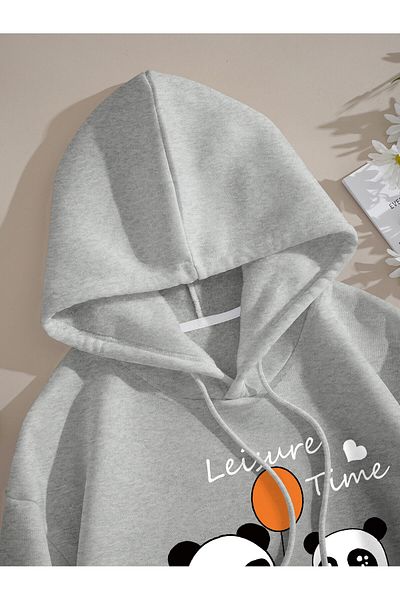 aynewmoda Gray Hooded Cute Pandas Printed Sweatshirt Hoodie