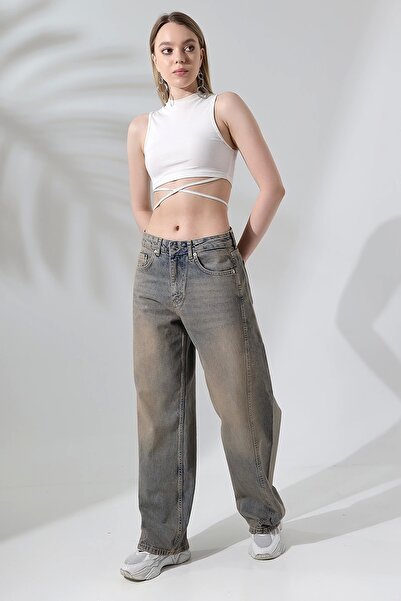 KAGAWA BEJ ESKİTMELİ DİKİŞ DETAYLI BAGGY JEAN