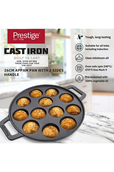 Prestige Pre Seasoned Cast Iron Appam Pan 26 CM Black - PR48908