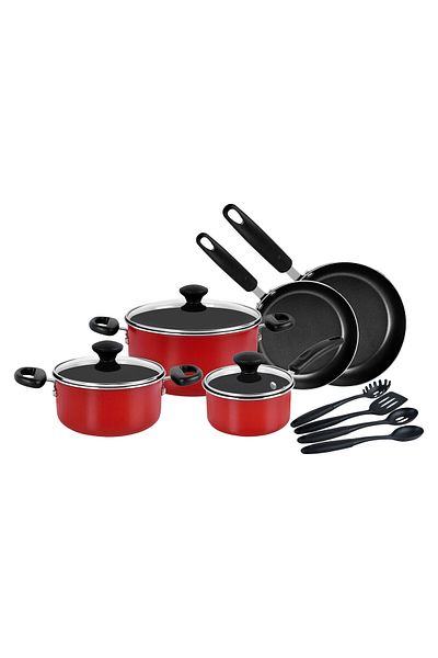 Prestige 12 Piece Non stick cookware Set | Saucepan and Casserole Set with Glass Lid | Color Red