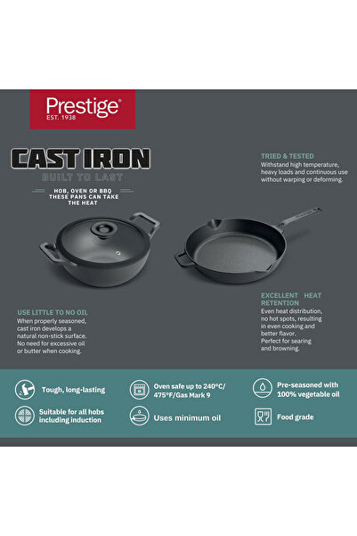 Prestige Pre-Seasoned Cast Iron Cookware Set - 24Cm Kadai W/L & 26Cm Frypan - PR49083