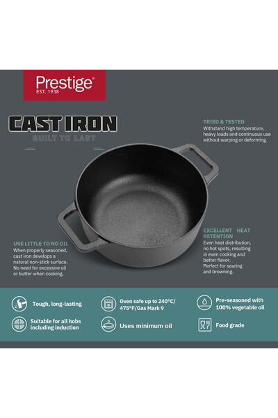 Prestige Pre-Seasoned Cast Cast Iron Casserole 20 CM Iron Cookware, Black - PR48896