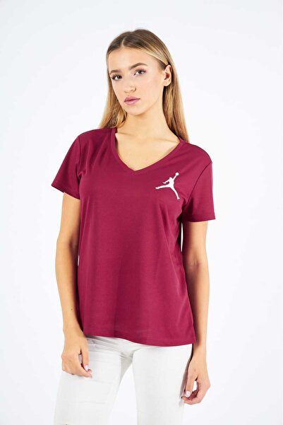 Moda Işık Sports T-Shirt V-Neck Printed Burgundy Color