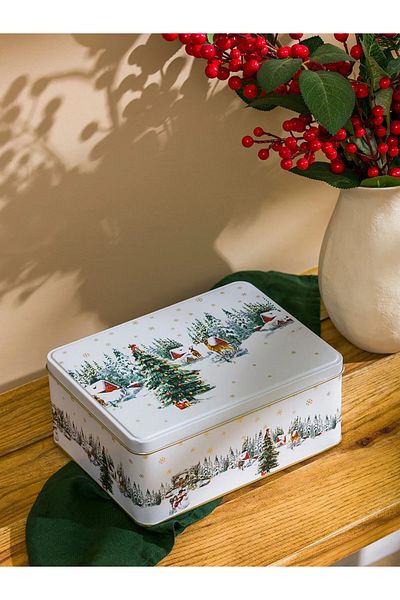 Maflen Christmas Themed Snowy Village Colorful Printed Metal Storage Box