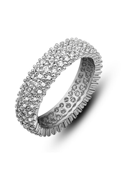 Nereze 925 Ayar Gümüş Zirkon Taşlı Gümüş Renk 3 Sıra Tamtur Kadın Gümüş Yüzük