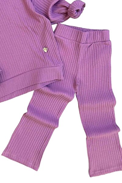 Riccotarz Girl's Ribbed Lilac Set - Hooded Sweatshirt and Elastic Waist Bottom