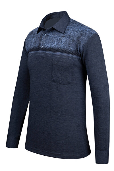 Çizgi Triko Чоловіча смугаста трикотажна сорочка з довгими рукавами - з візерунковим коміром, манжетами на рукавах, кишенями - 5025