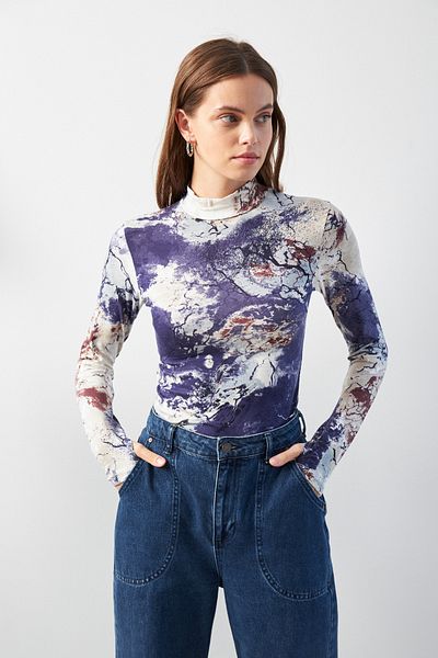 Bipantolon Body de damă violet cu model Planet cu detaliu pentru degete