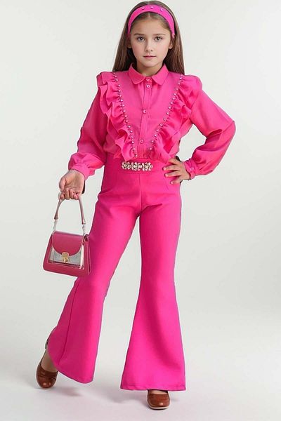 Riccotarz Set cămașă și pantaloni fucsia pentru fete - picior spaniol cu stras pe umăr și volane, talie brodat cu pietre