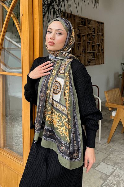 lamelif.com Şal din bumbac cu model Versa de culoare kaki
