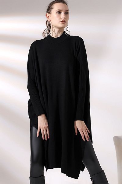Devinka Women's Oversize Long Slit Knitwear Poncho Sweater Black