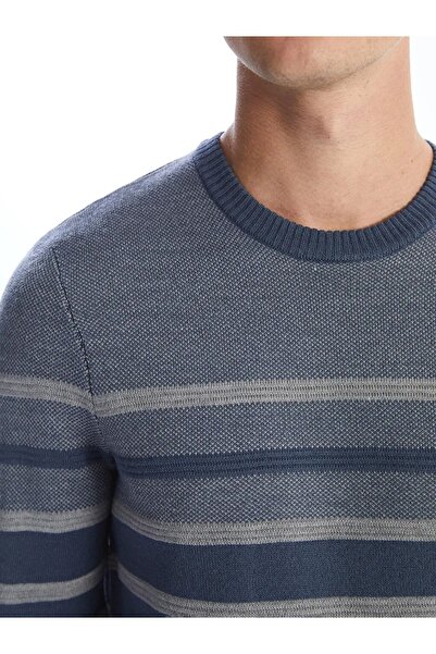 LC Waikiki LCWAIKIKI Classic İndigo Bisiklet Yaka Uzun Kollu Çizgili Erkek Triko Kazak