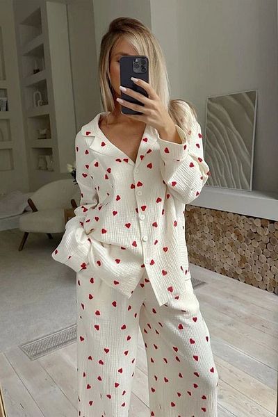 PEMBİŞ HOMEWEAR Beatiful Crinkle Cold Love Knitted Special Fabric Pajama Set