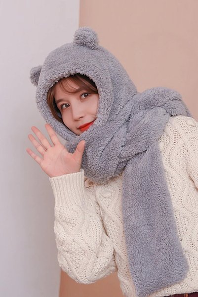 GenelTedarik Hooded Black Plush Beanie Scarf Women's Welsoft Fleece Neck Collar Shawl Windproof Hat with Ears