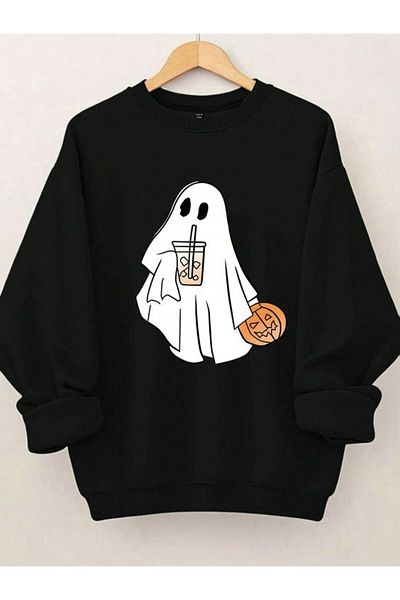 Pink Sky Plus Size Cute Little Ghost Drinking Coffee Halloween Scary Season Sweatshirt