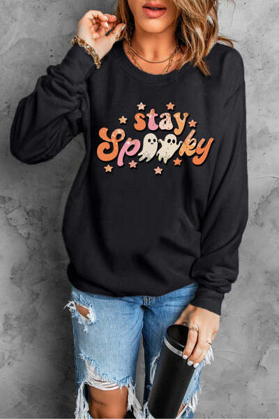 Pink Sky Büyük Beden  Siyah Halloween Stay Spooky Baskılı Sweatshirt