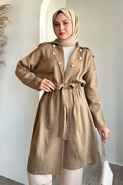 InStyle Button Detail Lace-Up Beige Knitwear Cardigan