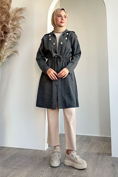 InStyle Gomb részlet Fűzős szürke kötöttáru kardigán
